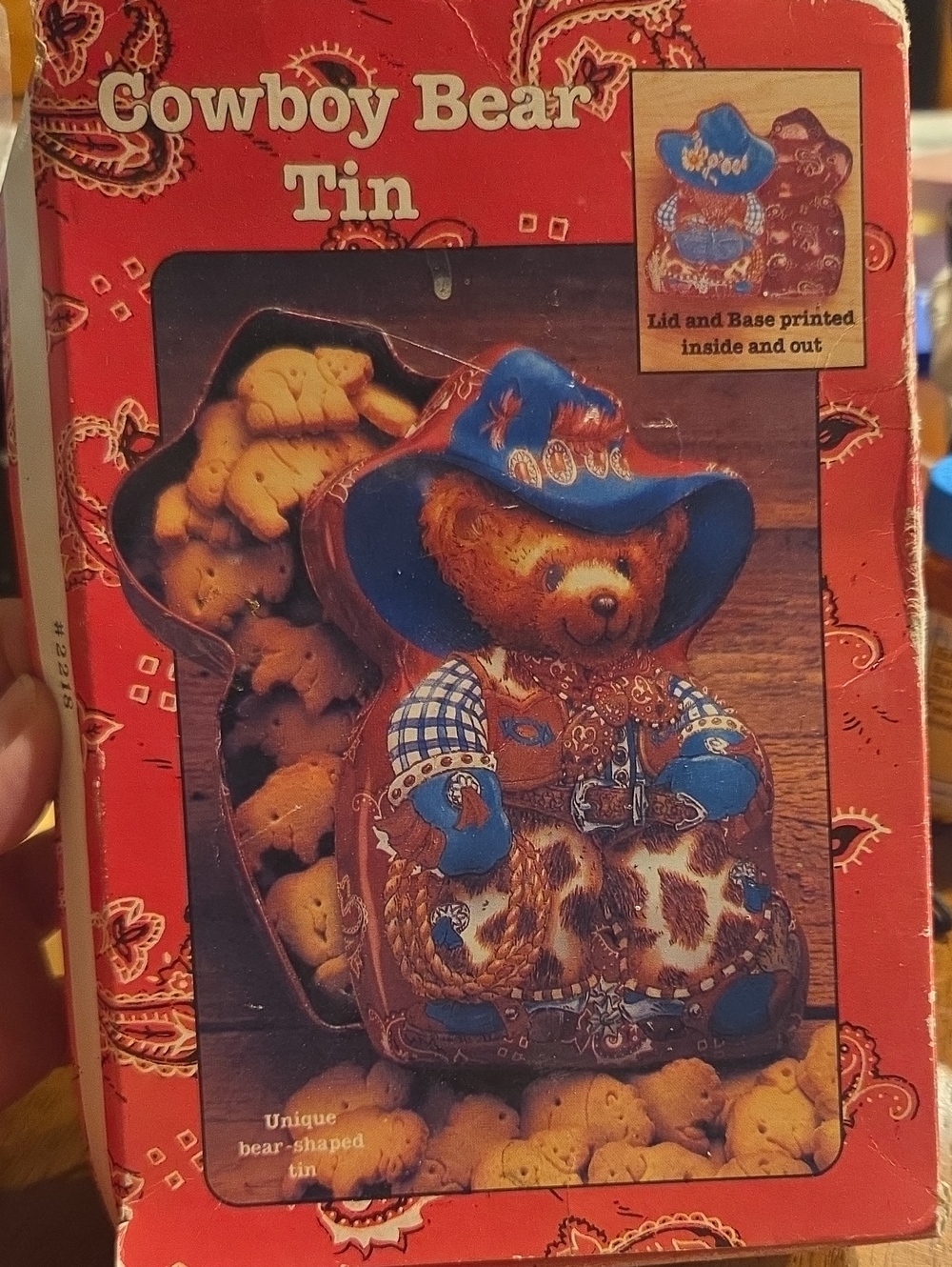 Cowboy Bear Tin Cookie Jar - Blue and Brown